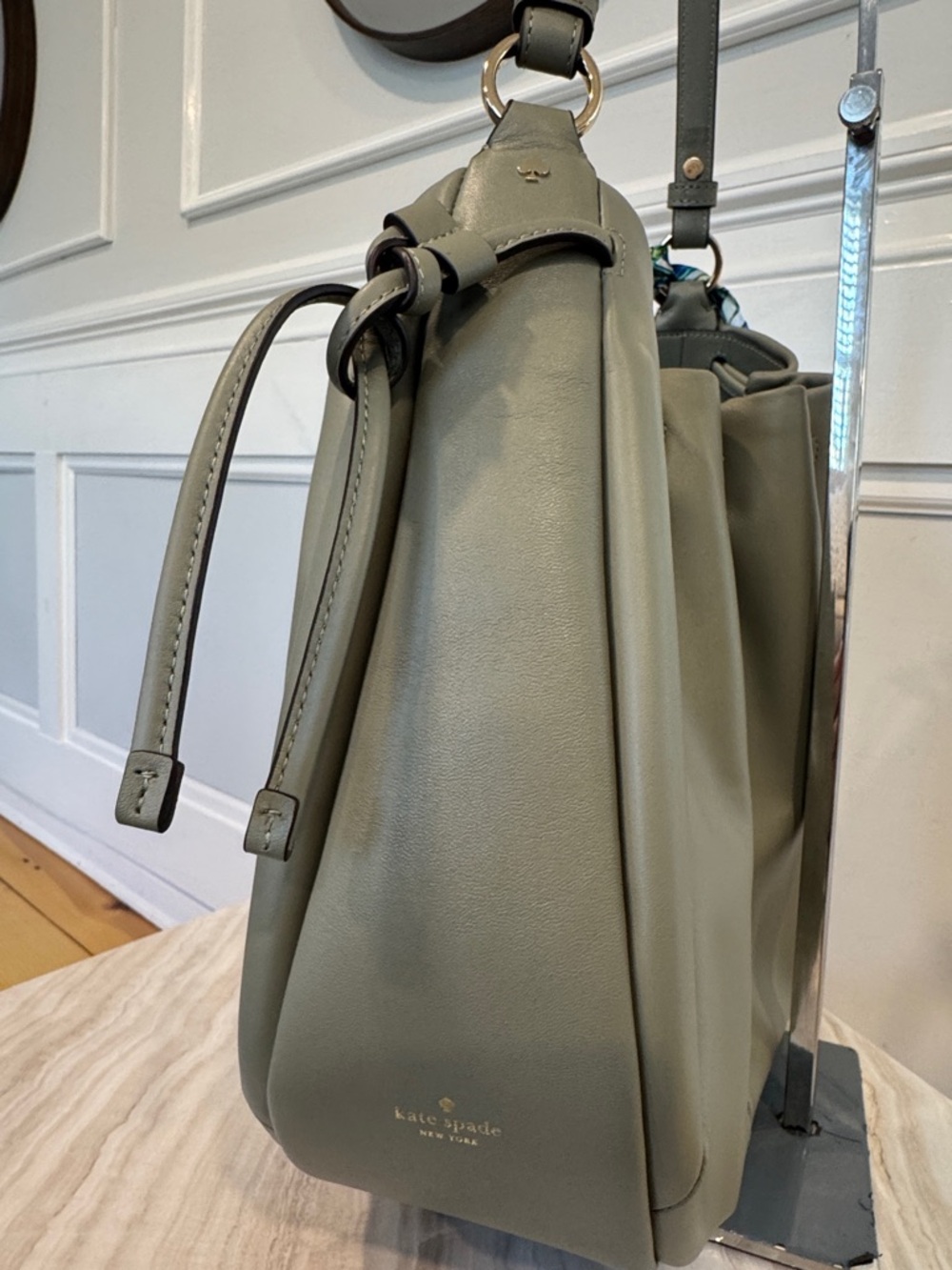 Kate Spade Bag Pinch Smooth Leather Quiet Luxury Shoulder Bag Oyster Shell Green - Picture 9 of 17